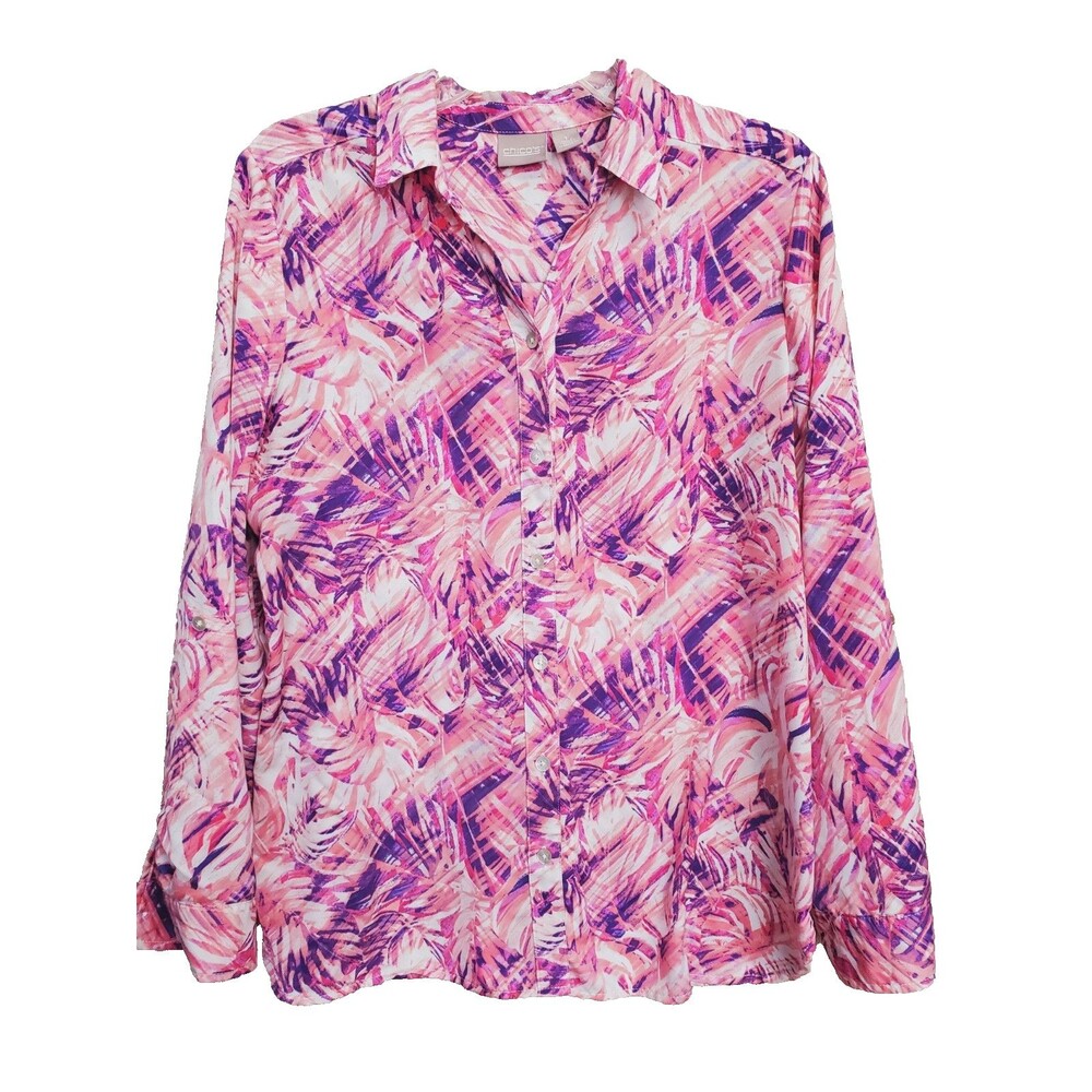Chico's Sunbeam Palm Modern Utility Roll-Tab Sleeve Button-Up Top Size 1 Medium